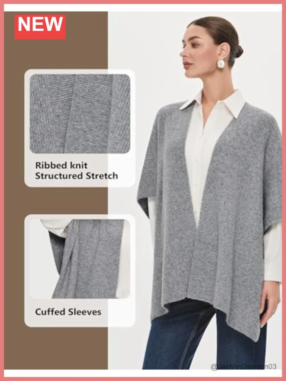 Ribbed Knit Open Front Shawl Wrap Poncho Cape with Cuffed Sleeves